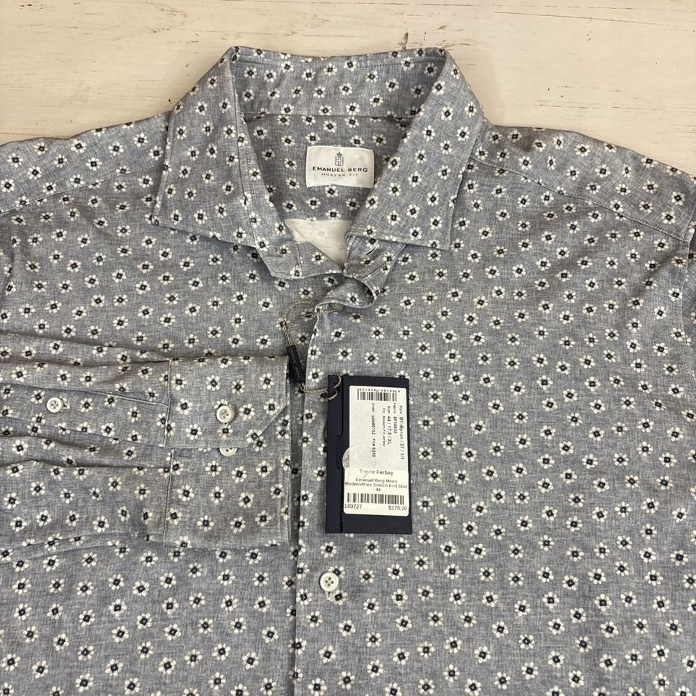 Emanuel Berg Shirt Men Modern Fit Paisley Floral Stretch 44 XL 17.5 34 NEW NWT